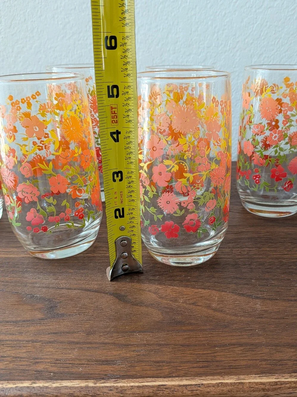Set of 6 Retro Anchor Hocking Floral Tumblers Juice Glasses Orange Red Yellow